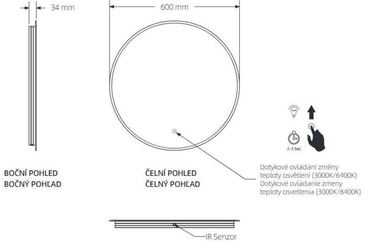 EASY PLUS zrcadlo 60 cm, s osvětlením, s regulací stmívání a teploty světla, se senzorem EA103.60 Technický nákres