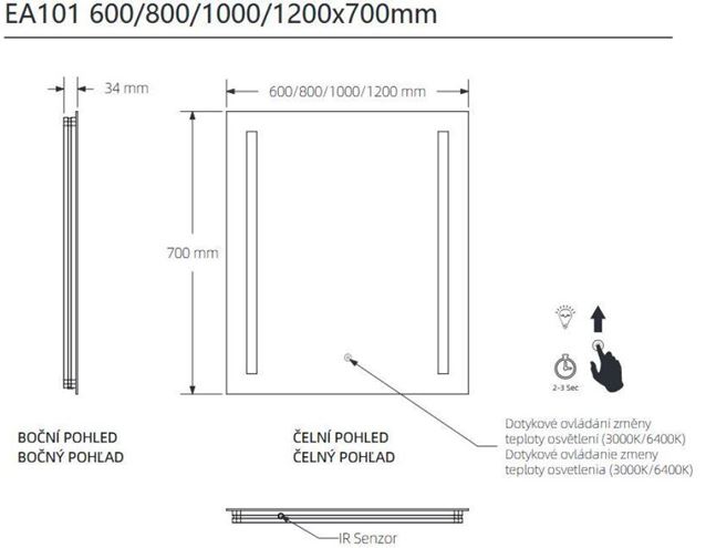 EASY PLUS zrcadlo 80x70 cm, s osvětlením, s regulací stmívání a teploty světla, se senzorem EA101.80 Technický nákres