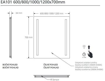 EASY PLUS zrcadlo 80x70 cm, s osvětlením, s regulací stmívání a teploty světla, se senzorem EA101.80 Technický nákres