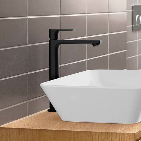 HANSGROHE REBRIS E umyvadlová stojánková baterie, CoolStart, EcoSmart, s odtokovou soupravou, matná černá 72581670 Obrázek - fotka
