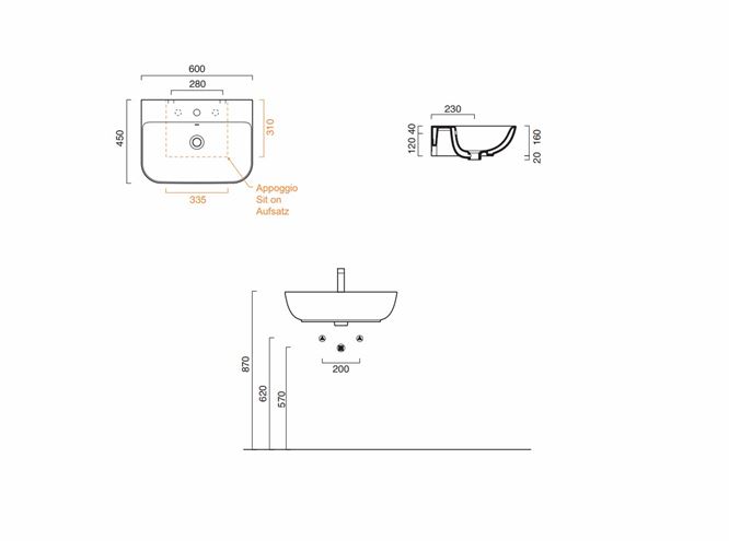 CONCEPT S umyvadlo 60 cm, s otvorem pro baterii a přepadem, Cataglaze 0720601001 Technický nákres