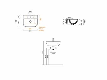 CONCEPT S umyvadlo 50 cm, bez otvoru pro baterii, s přepadem, Cataglaze 50BSFWH Technický nákres