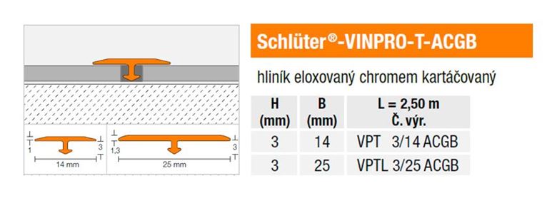 SCHLÜTER SYSTEMS VINPRO-T přechodový profil 14mm, 2500mm, hliník eloxovaný-chromem kartáčovaný VPT3/14ACGB Technický nákres