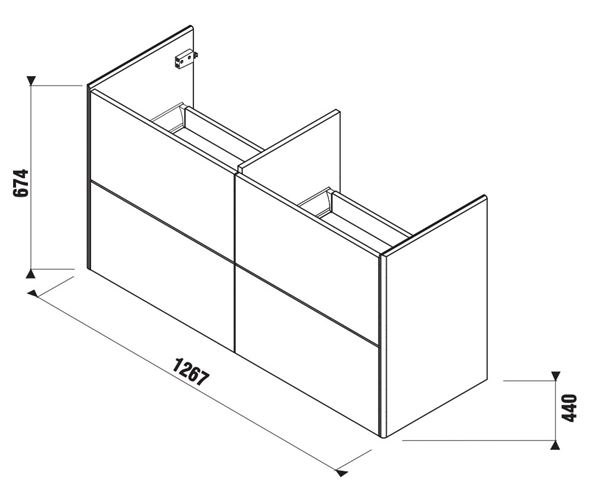 LAUFEN LA CASA 5 skříňka s dvojumyvadlem 126,7x44x67,4 cm, 4 zásuvky, Push-open, bílá H41N9964015001 Technický nákres