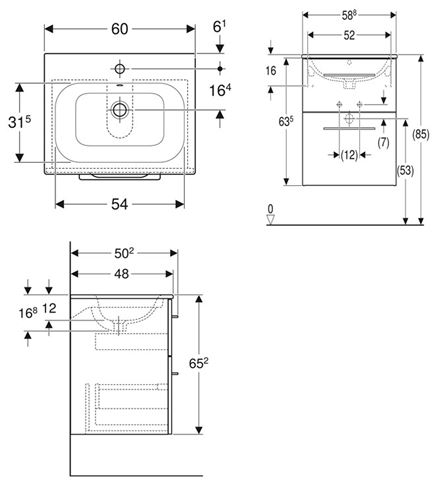 GEBERIT SELNOVA SQUARE skříňka s umyvadlem 60x48x65,2 cm, 2 zásuvky, matná lávová 501.237.00.1 Technický nákres