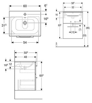 GEBERIT SELNOVA SQUARE skříňka s umyvadlem 60x48x65,2 cm, 2 zásuvky, matná lávová 501.237.00.1 Technický nákres