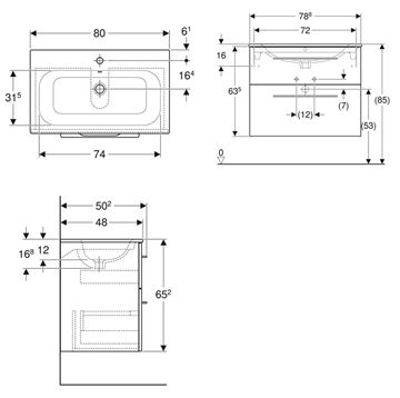 GEBERIT SELNOVA SQUARE skříňka s umyvadlem 80x48x65,2 cm, 2 zásuvky, matná lávová 501.241.00.1 Technický nákres