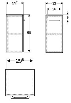 GEBERIT SELNOVA SQUARE nízká skříňka 33x29,7x65 cm, 1 dvířka, matná lávová 501.273.00.1 Technický nákres