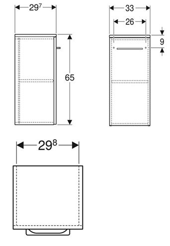 GEBERIT SELNOVA SQUARE nízká skříňka 33x29,7x65 cm, 1 dvířka, matná lávová 501.273.00.1 Technický nákres