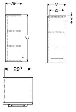 GEBERIT SELNOVA SQUARE nízká skříňka 33x29,7x85 cm, 1 dvířka, matná lávová 501.277.00.1 Technický nákres