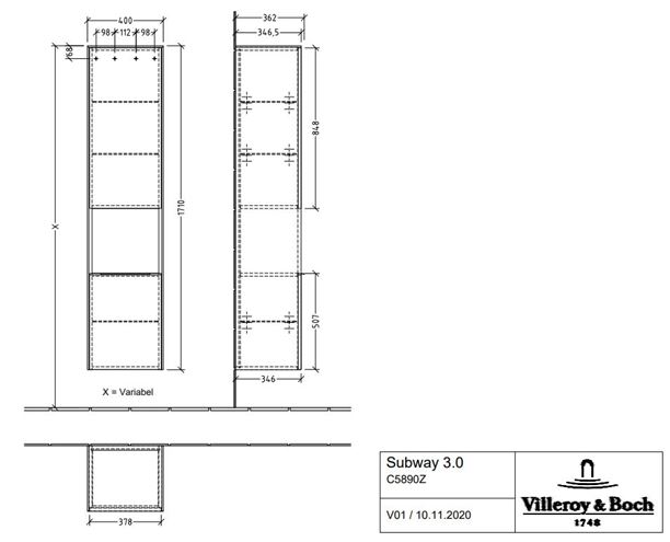 VILLEROY & BOCH SUBWAY 3.0 vysoká skříňka 40x36,2x171 cm, 2 dvířka, 1 police, panty vpravo, Nordic Oak C58900VJ Technický nákres