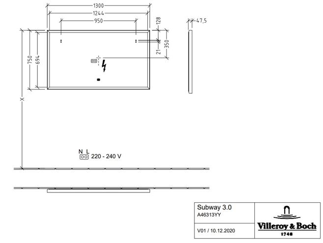 VILLEROY & BOCH SUBWAY 3.0 zrcadlo 130x75 cm, s osvětlením, s regulací stmívání a teploty světla, se senzorem A46313BC Technický nákres