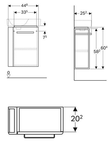 GEBERIT SELNOVA COMPACT skříňka pod umývátko 44,8x25,2x60,4 cm, 1 dvířka, panty vpravo, matná bílá/lesklá bílá 501.496.00.1 Technický nákres