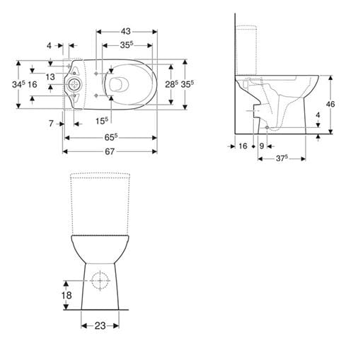 GEBERIT SELNOVA COMFORT WC kombi mísa, Rimfree splachování, zadní odpad 500.486.01.7 Technický nákres