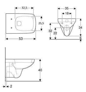 GEBERIT SELNOVA SQUARE závěsné WC, Rimfree splachování 500.275.01.1 Technický nákres