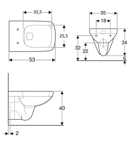 GEBERIT SELNOVA SQUARE závěsné WC, Rimfree splachování 500.275.01.1 Technický nákres