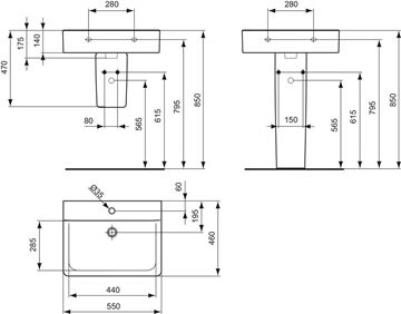 IDEAL STANDARD CONNECT CUBE umyvadlo 55 cm, s otvorem pro baterii, bez přepadu, Ideal Plus E8113MA Technický nákres