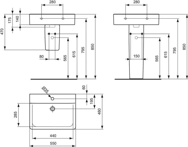 IDEAL STANDARD CONNECT CUBE umyvadlo 55 cm, s otvorem pro baterii, bez přepadu, Ideal Plus E8113MA Technický nákres