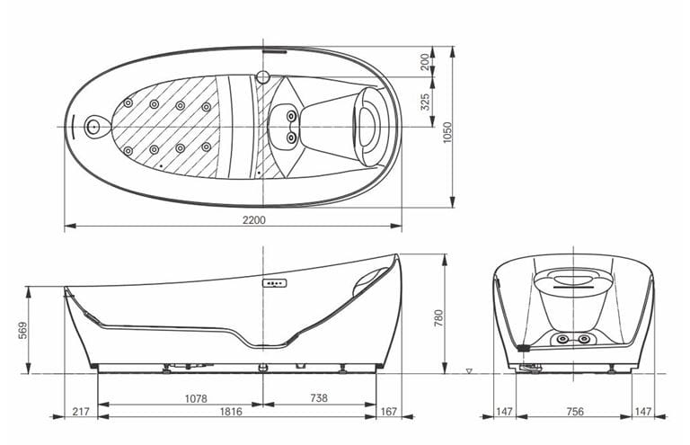 TOTO FLOTATION TUB volně stojící vana 220x105 cm, hydromasážní, LED osvětlení, kompozit PJYD2200PWEE#GW Technický nákres