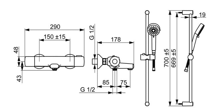 HANSA BASIC vanová nástěnná termostatická baterie, s přepínačem, se sprchovou soupravou, chrom 55162131 Technický nákres