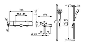 HANSA BASIC vanová nástěnná termostatická baterie, s přepínačem, se sprchovou soupravou, chrom 55162131 Technický nákres