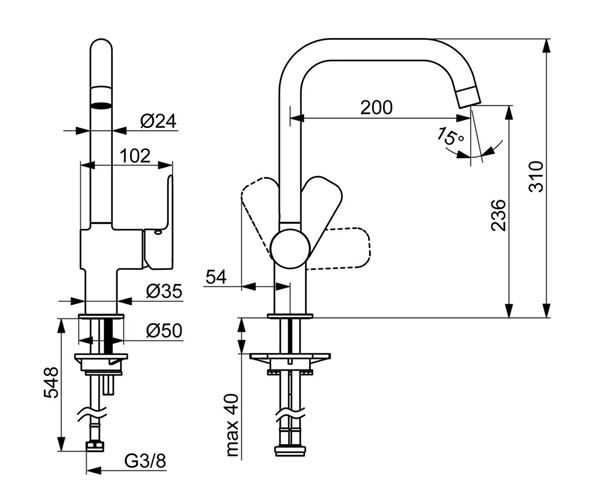 HANSA BASIC dřezová baterie, chrom 55562203 Technický nákres