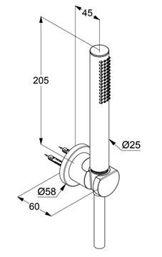 KLUDI NOVA FONTE PURISTIC 1S sprchová souprava 3-dílná, ruční sprcha 205 mm, hadice, držák, matná bílá 2085053-15 Technický nákres