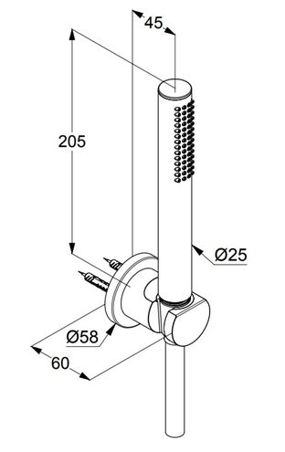 KLUDI NOVA FONTE PURISTIC 1S sprchová souprava 3-dílná, ruční sprcha 205 mm, hadice, držák, matná bílá 2085053-15 Technický nákres