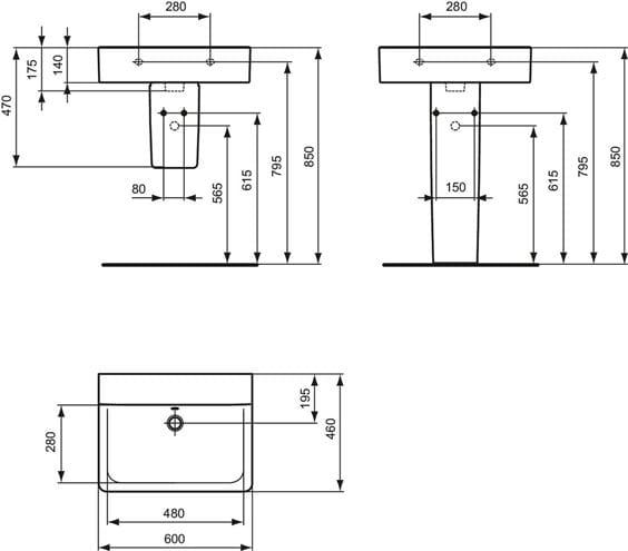 IDEAL STANDARD CONNECT CUBE umyvadlo 60 cm přepadem, bílá E810101 Technický nákres
