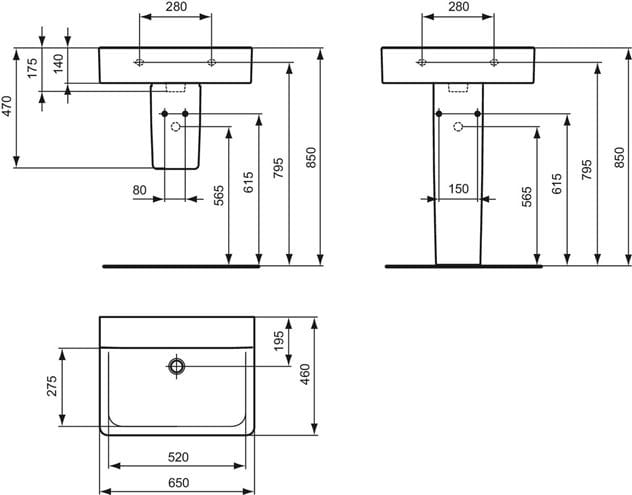IDEAL STANDARD CONNECT CUBE umyvadlo 65 cm, bez přepadu E810501 Technický nákres