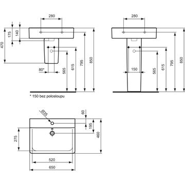 IDEAL STANDARD CONNECT CUBE umyvadlo 65 cm, s otvorem pro baterii a přepadem, Ideal Plus E7729MA Technický nákres