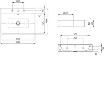 KALDEWEI PURO 3164 umyvadlo 60 cm, s otvorem pro baterii a přepadem, smaltovaná ocel, Perl-Effekt, alpská bílá 901406013001 Technický nákres
