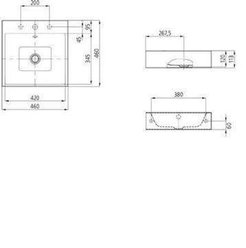 KALDEWEI PURO 3163 umyvadlo 46 cm, s otvorem pro baterii a přepadem, smaltovaná ocel, Perl-Effekt, alpská bílá 901306013001 Technický nákres