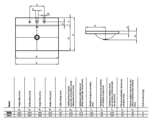 KALDEWEI SILENIO 3040 umyvadlo 60 cm, s otvorem pro baterii, bez přepadu, smaltovaná ocel, Perl-Effekt, alpská bílá 903906303001 Technický nákres