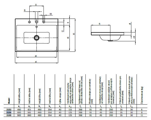 KALDEWEI PURO 3154 umyvadlo 60 cm, bez otvoru pro baterii, s přepadem, smaltovaná ocel, Perl-Effekt, alpská bílá 900406003001 Technický nákres