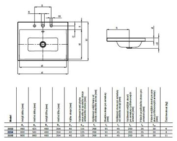 KALDEWEI PURO 3154 umyvadlo 60 cm, bez otvoru pro baterii, s přepadem, smaltovaná ocel, Perl-Effekt, alpská bílá 900406003001 Technický nákres