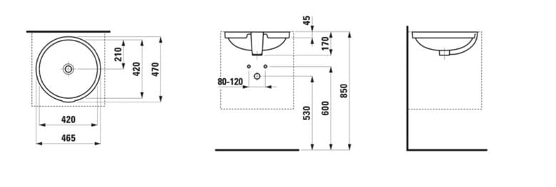 LAUFEN PRO A umyvadlo 42 cm s přepadem H8189610001091 Technický nákres