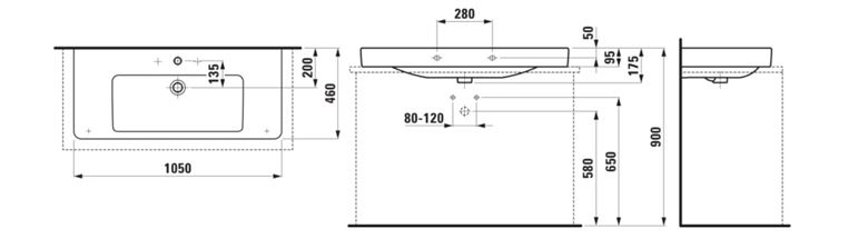 LAUFEN PRO S umyvadlo 105 cm, s přepadem H8169660001091 Technický nákres