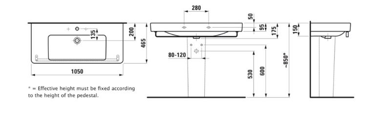 LAUFEN PRO S umyvadlo 105 cm, se 3 otvory pro baterii a přepadem H8139660001081 Technický nákres