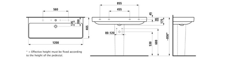 LAUFEN PRO S umyvadlo 120 cm, s otvorem pro baterii a přepadem H8149650001041 Technický nákres