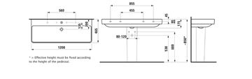 LAUFEN PRO S umyvadlo 120 cm, s otvorem pro baterii a přepadem H8149650001041 Technický nákres