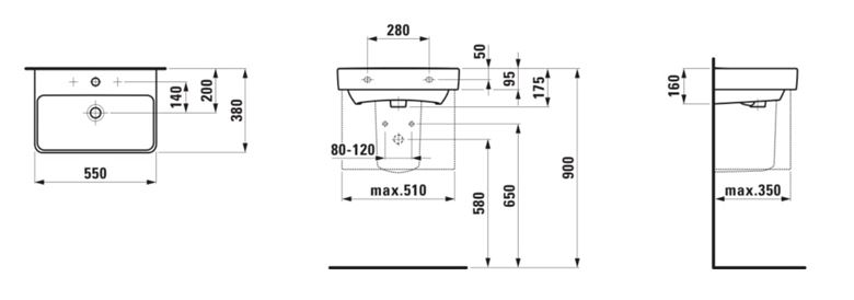 LAUFEN PRO S umyvadlo 55 cm, s otvorem pro baterii, bez přepadu H8189580001561 Technický nákres