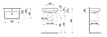LAUFEN PRO S umyvadlo 55 cm, s otvorem pro baterii, bez přepadu H8189580001561 Technický nákres
