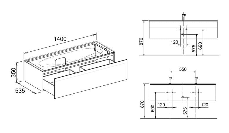 KEUCO EDITION 11 skříňka pod umyvadlo 140x53,5x35 cm, 1 zásuvka, Push-open, bílá 31361380000 Technický nákres