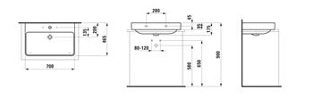LAUFEN PRO S umyvadlo 70 cm, s přepadem, LCC H8169674001091 Technický nákres