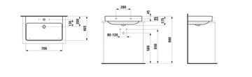 LAUFEN PRO S umyvadlo 70 cm, s otvorem pro baterii a přepadem, LCC H8169674001041 Technický nákres