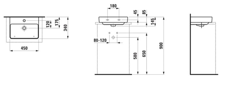 LAUFEN PRO S umývátko 45 cm, s otvorem pro baterii a přepadem, broušené, LCC H8169614001041 Technický nákres