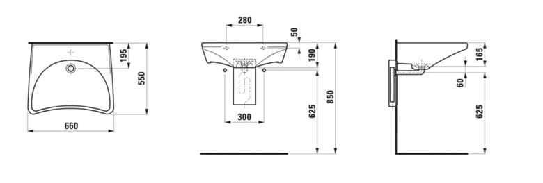 LAUFEN REHAB bezbariérové umyvadlo 66 cm, s otvorem pro baterii, bez přepadu H8106030001041 Technický nákres