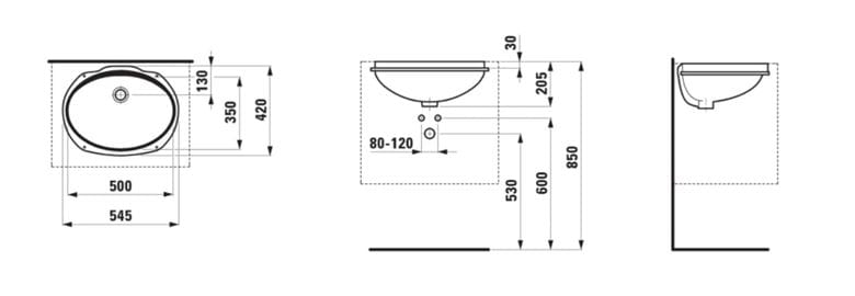 LAUFEN SAVOY umyvadlo 50 cm, s přepadem H8131920001551 Technický nákres