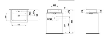 LAUFEN VAL umyvadlo na desku 55 cm, s otvorem pro baterii a přepadem, broušené H8162820001041 Technický nákres